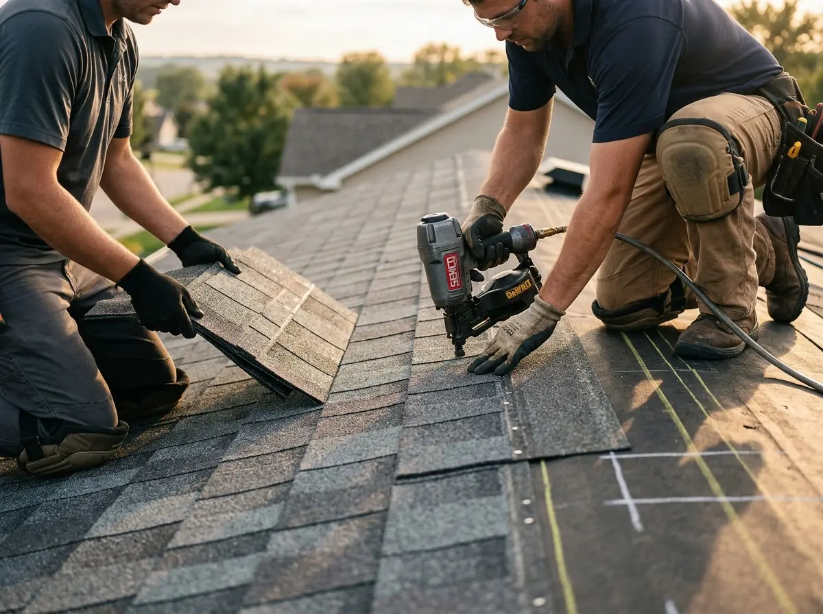 Professional roofer working on a residential roof in Tice